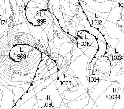 Een klassiek frontensysteem is gekoppeld aan een diepe depressiekern ten zuidwesten van IJsland. Ierland bevindt zich in de warme sector. Onze streken krijgen door de oostelijke verplaatsing eerst de neerslag van het warme front te verwerken, dan de motregen van de warme sector en vervolgens het koufront.